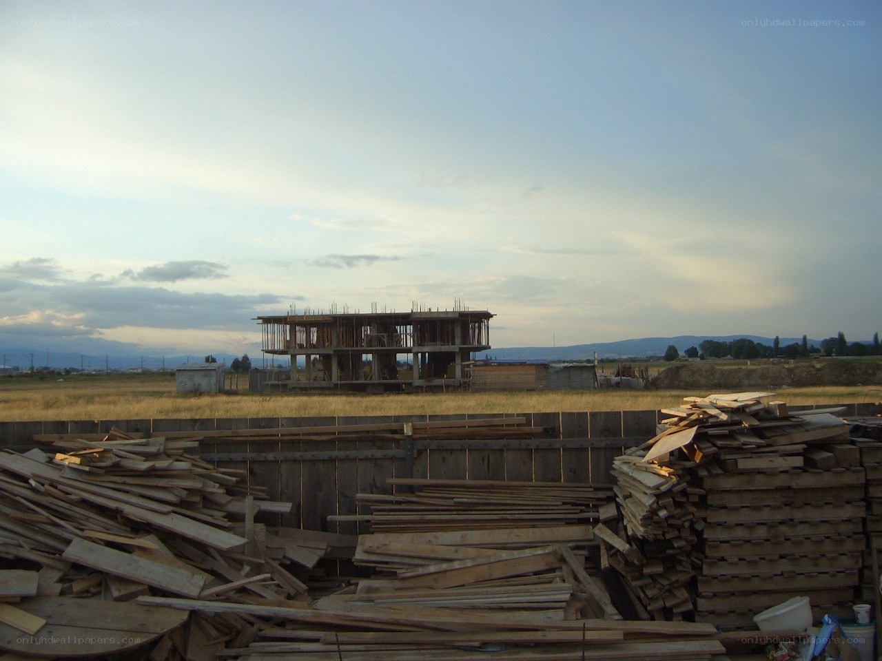 Construction site with wooden materials