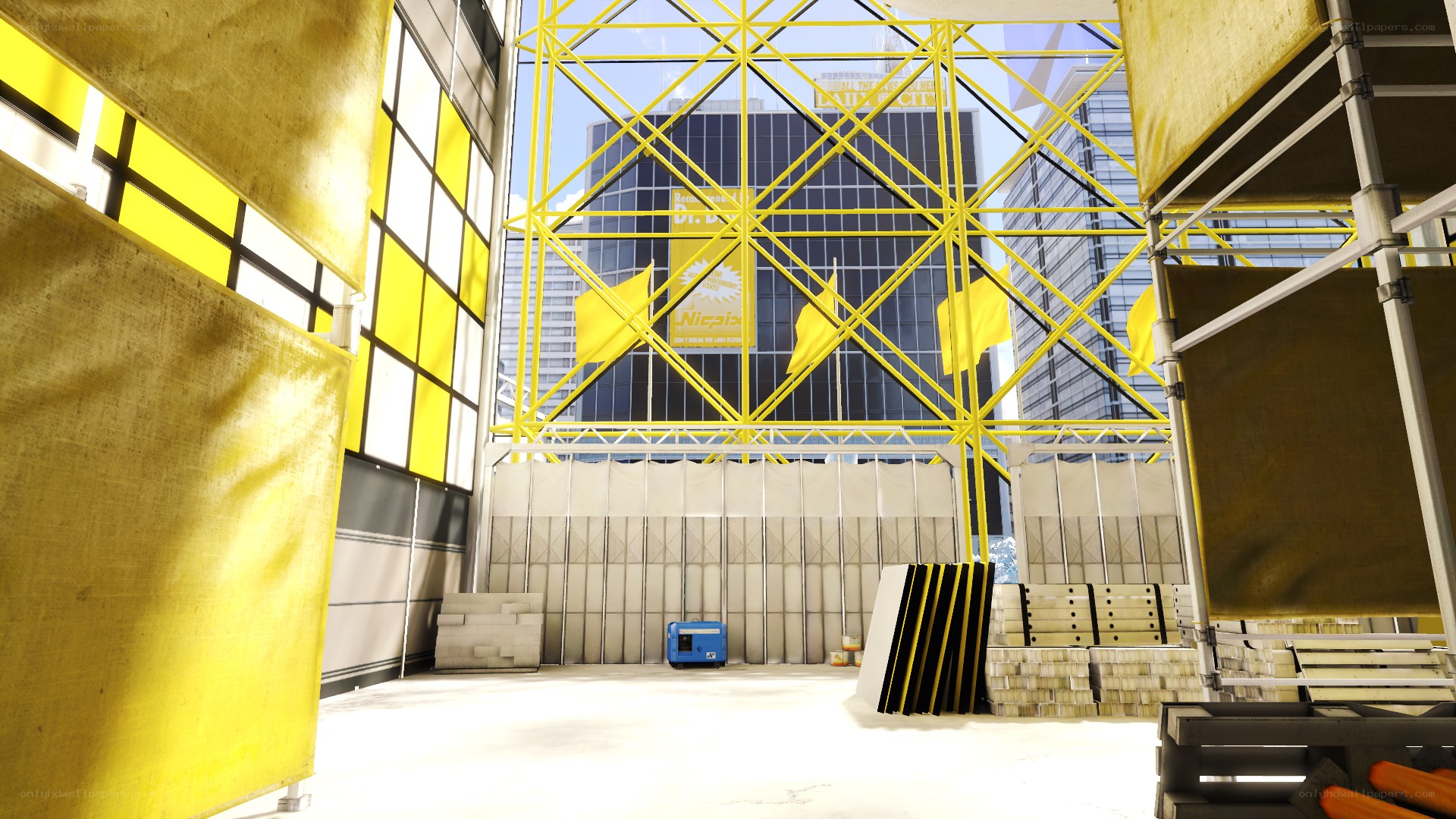 Construction site with yellow scaffolding