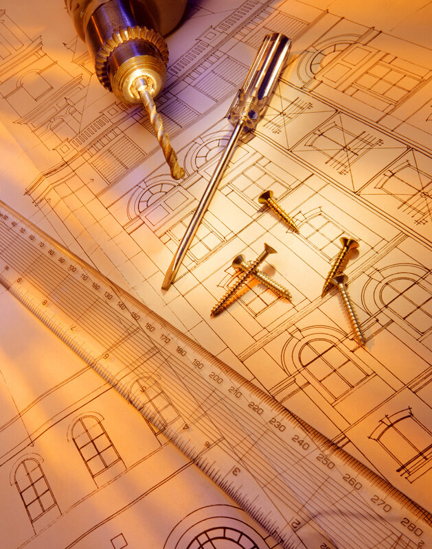 Construction tools on blueprint