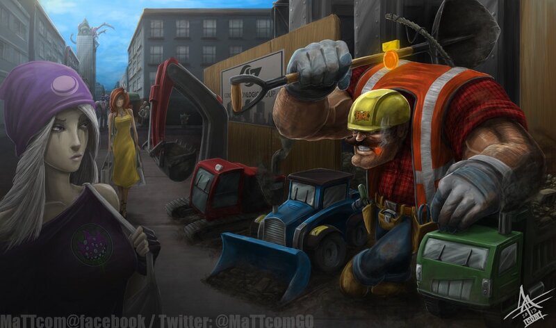 Construction worker and mage in city