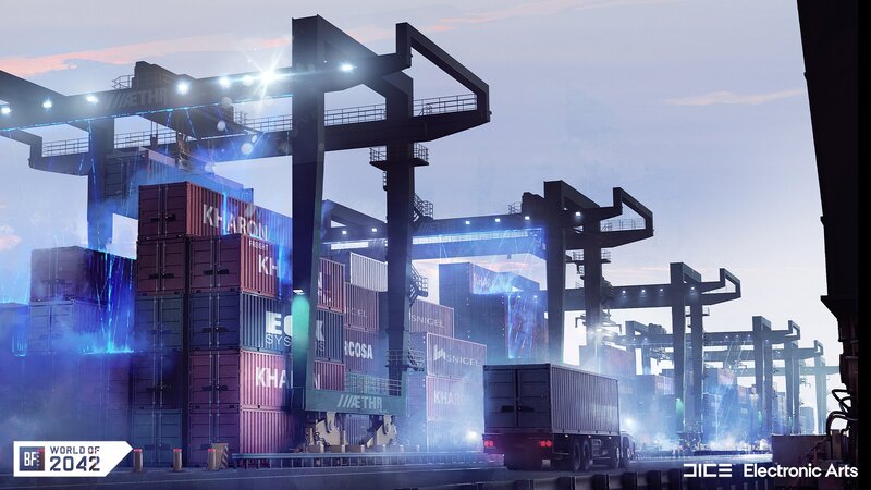 Container Port at Dusk — Blue, Dramatic