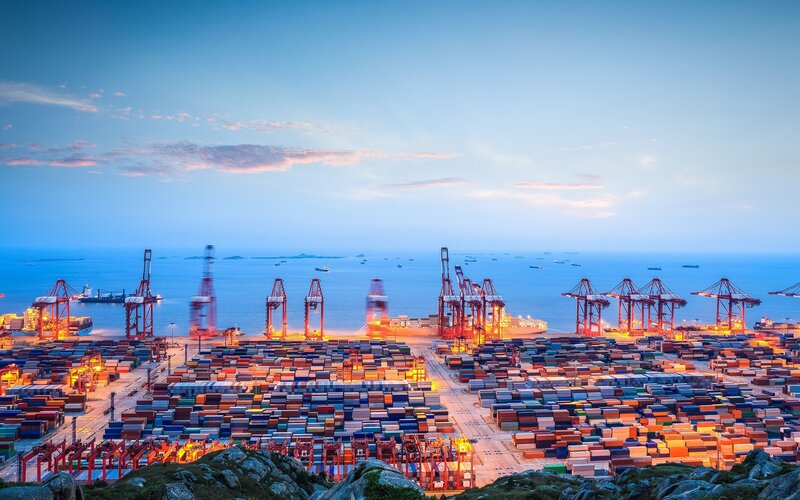 Container Port at Dusk — Blue