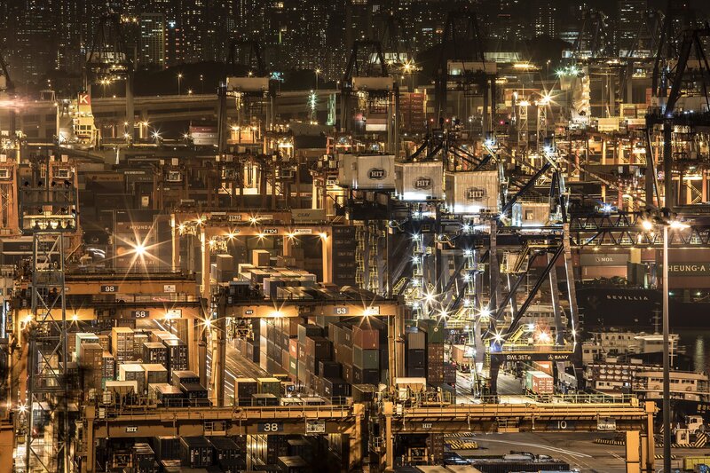 Container Port at Night — Black, Dramatic