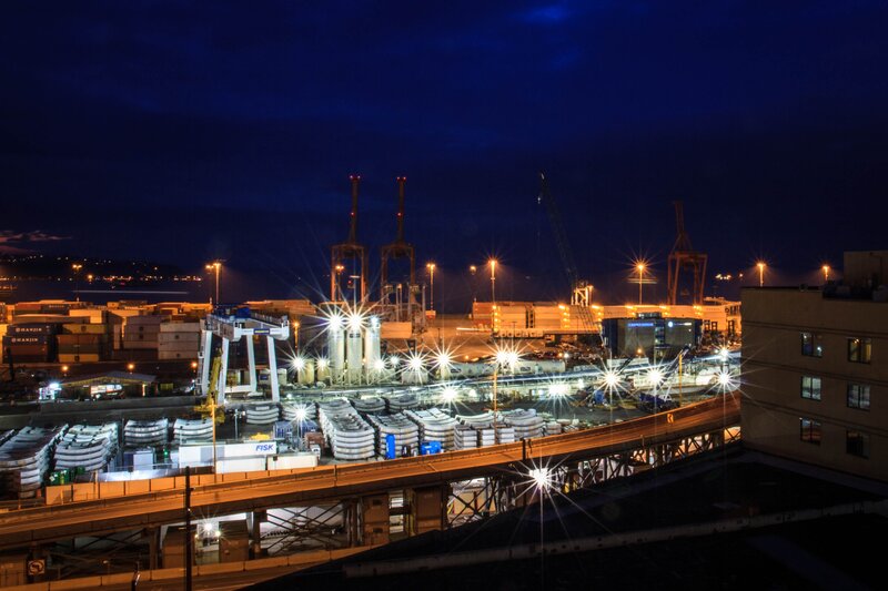 Container Port at Night — Blue
