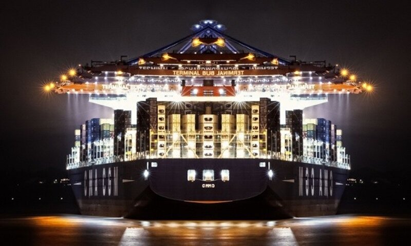 Container ship at night