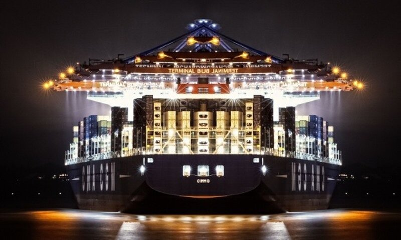 Container Ship at Night — Black, Dramatic, Photograph, Crane