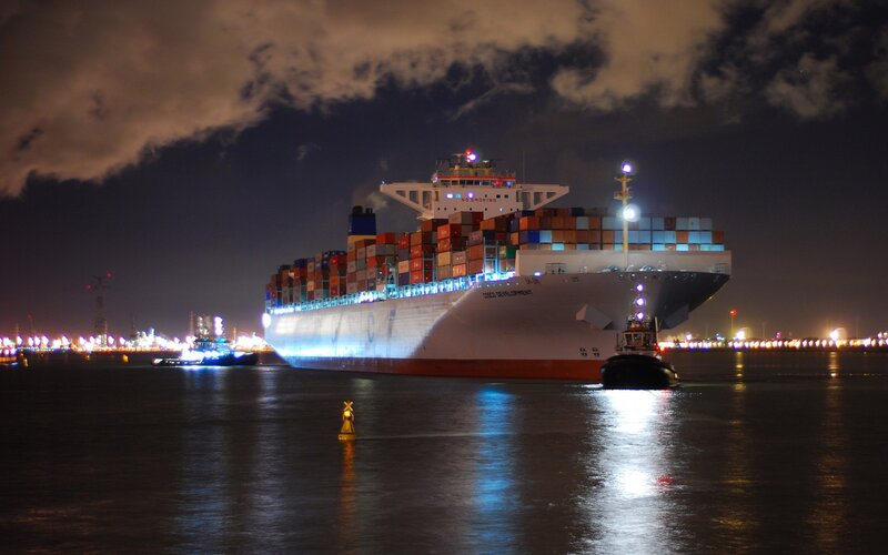 Container Ship at Night — Black, Dramatic, Photograph