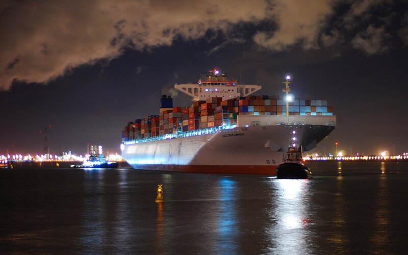 Container Ship at Night — Black, Dramatic