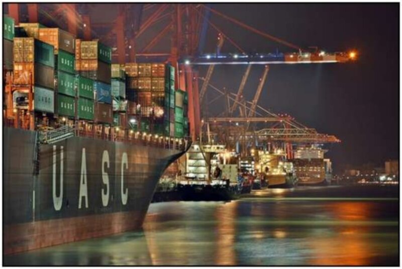 Container ship at night port