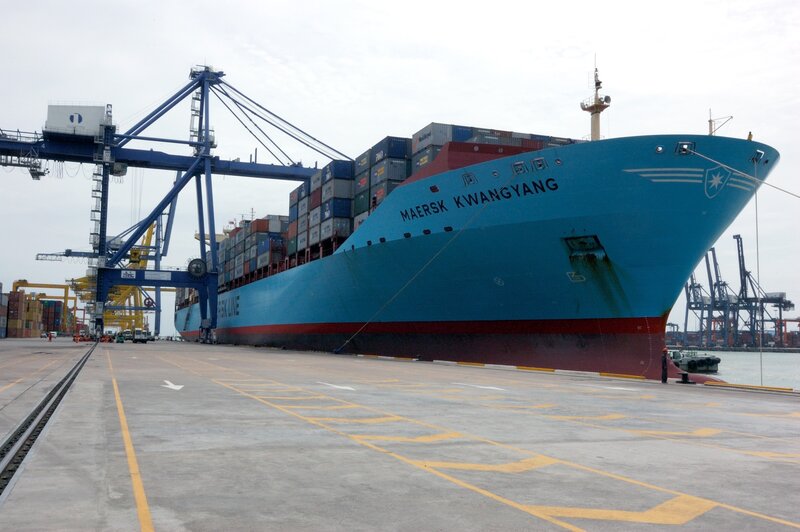 Container Ship at Port — Blue, Industrial, Afternoon, Photograph, Cranes, Containers