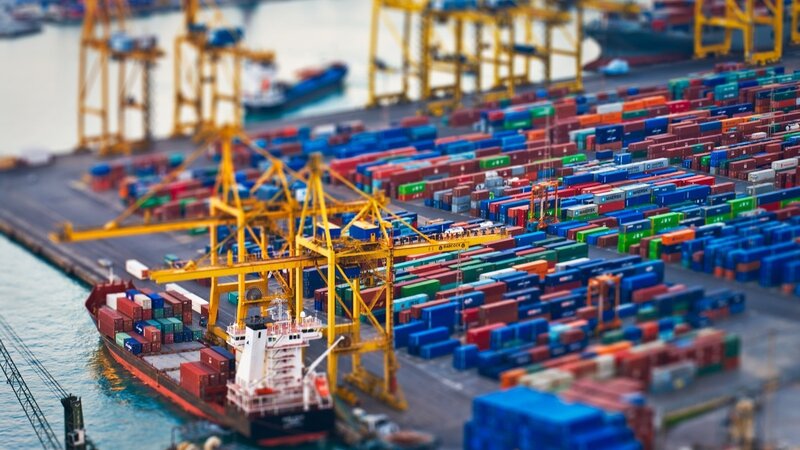 Container Ship at Port — Blue, Industrial, Photograph, Cranes, Containers, Cargo Ship, Dock