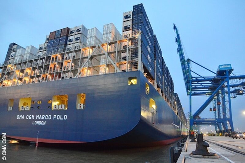 Container Ship at Port — Blue, Industrial, Sunset
