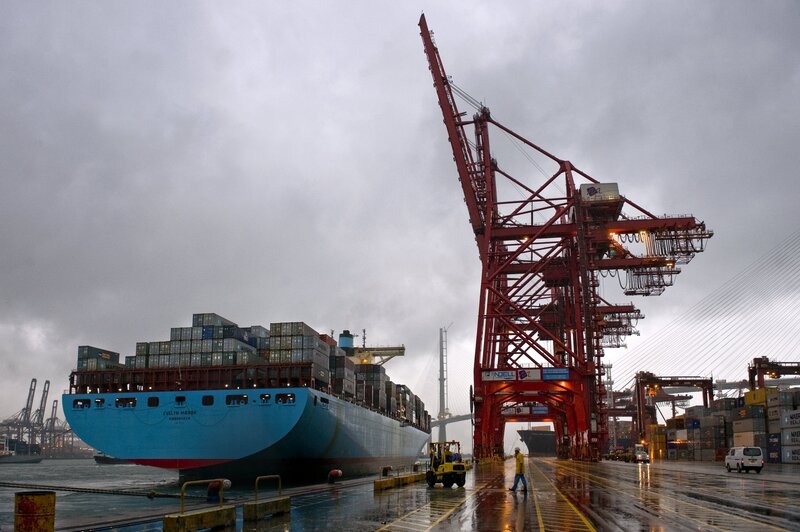 Container Ship at Port — Blue, Overcast