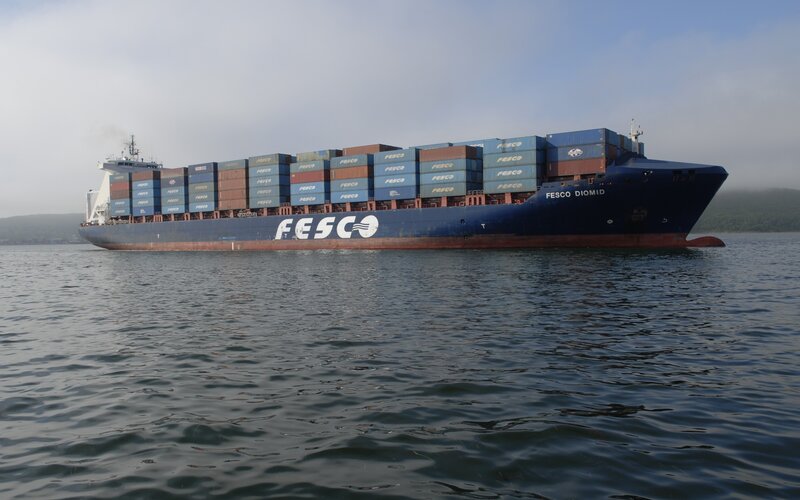 Container Ship at Sea — Blue, Calm, Morning
