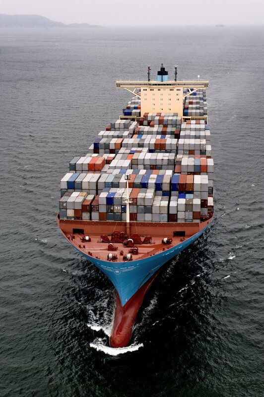 Container Ship at Sea — Blue, Calm, Photograph