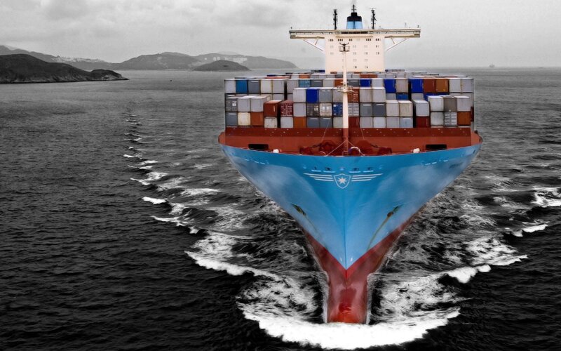 Container Ship at Sea — Blue, Dramatic, Photograph