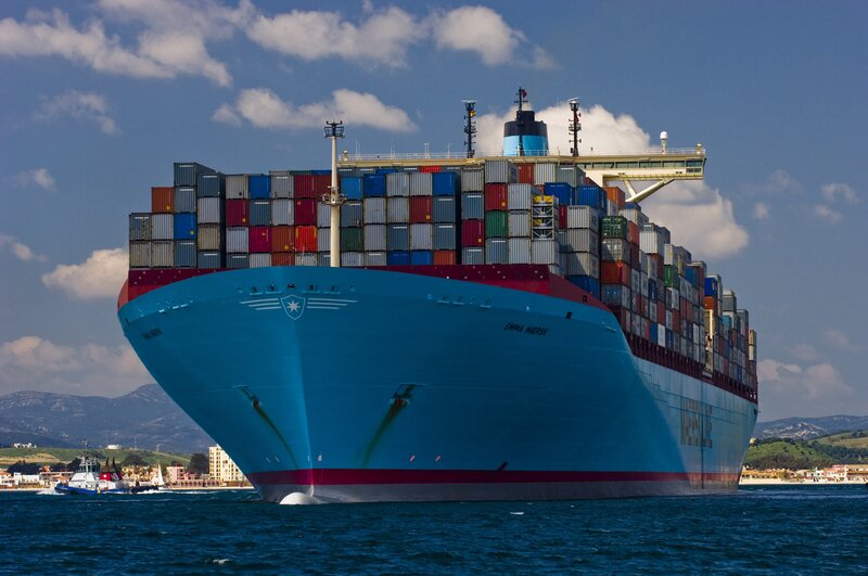 Container Ship in Harbor — Blue, Calm