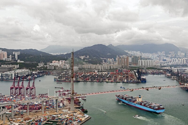 Container Ship in Harbor — Blue, Industrial