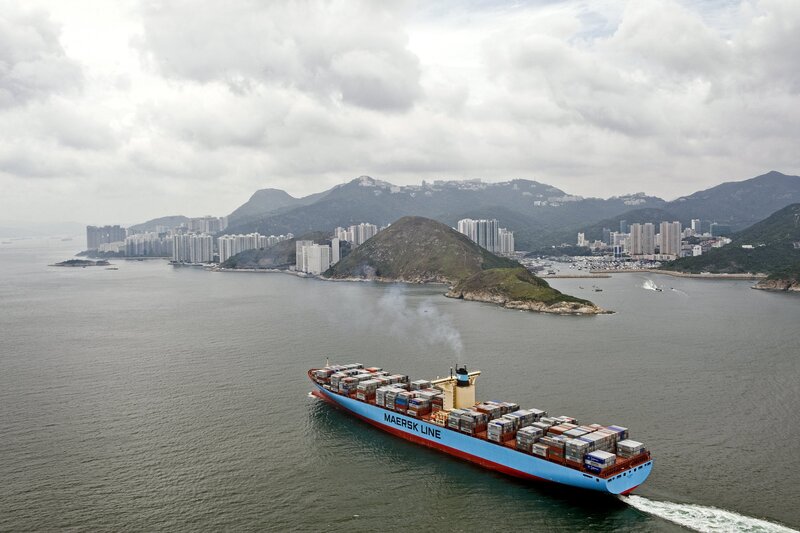 Container Ship in Harbor — Blue, Overcast, Afternoon, Photograph