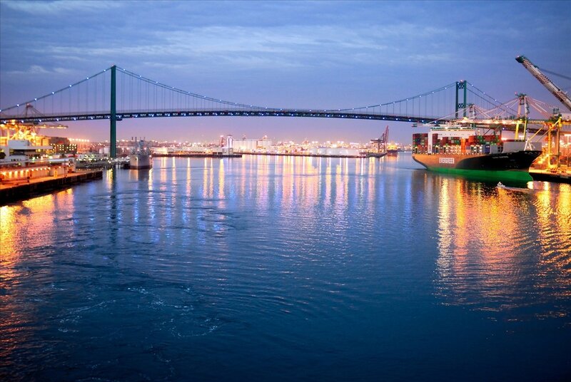 Container Ship in Harbor — Blue