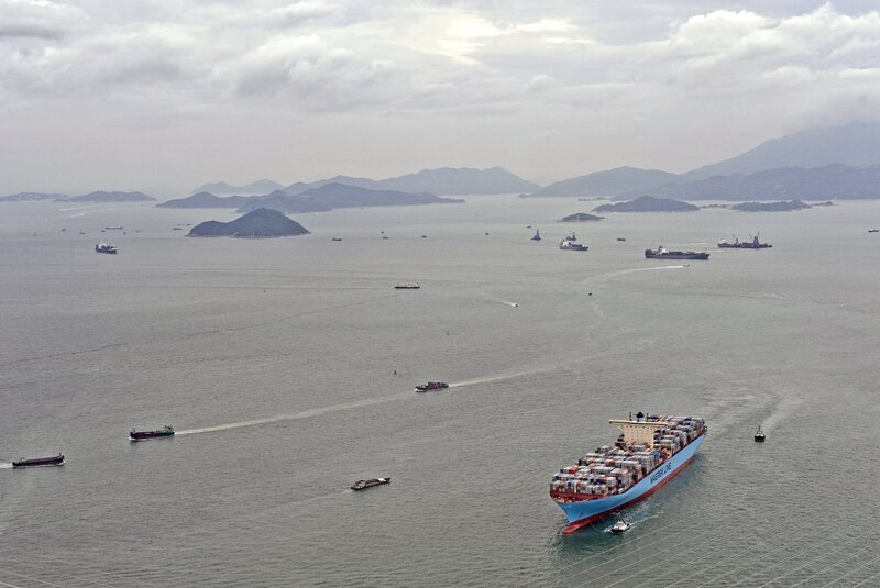 Container Ship in Harbor — Gray