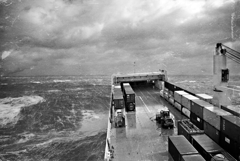 Container ship in stormy sea