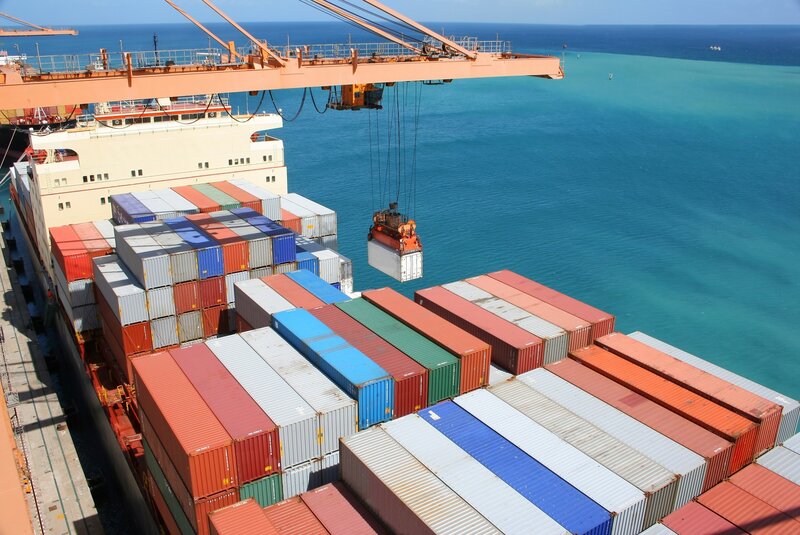 Container ship loading at port