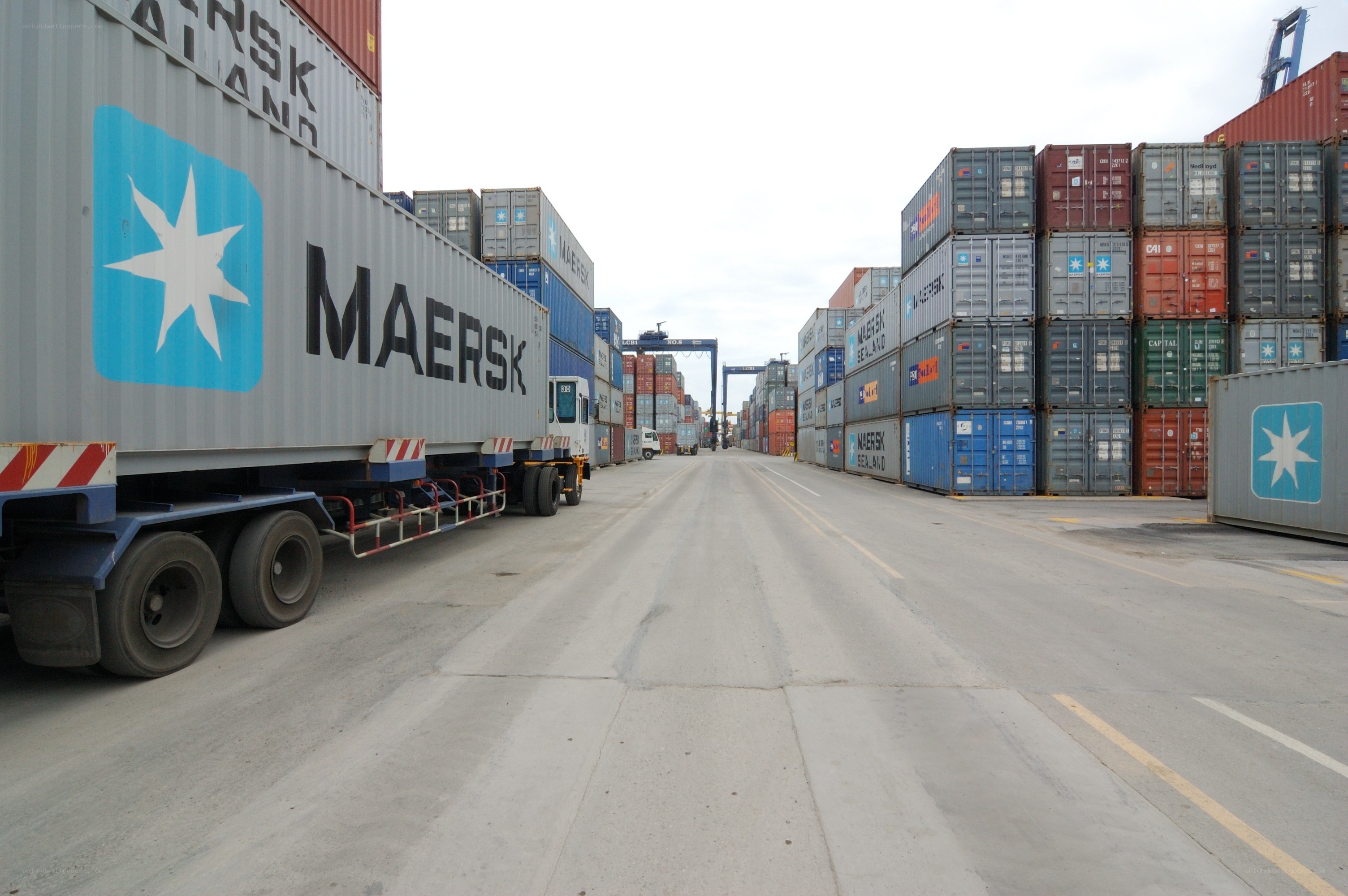 Container yard with Maersk shipping containers
