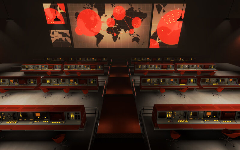 control room with world map