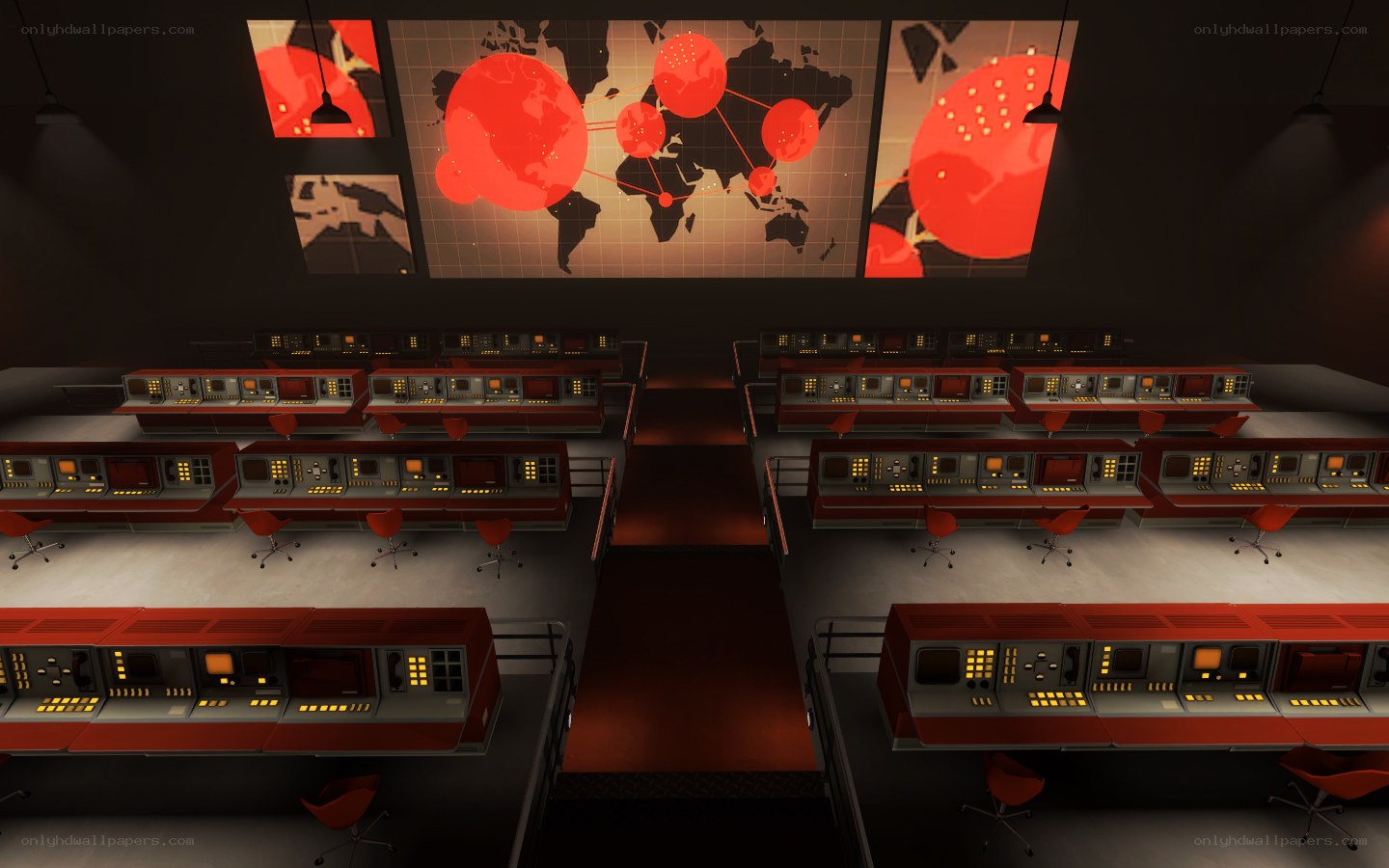 control room with world map