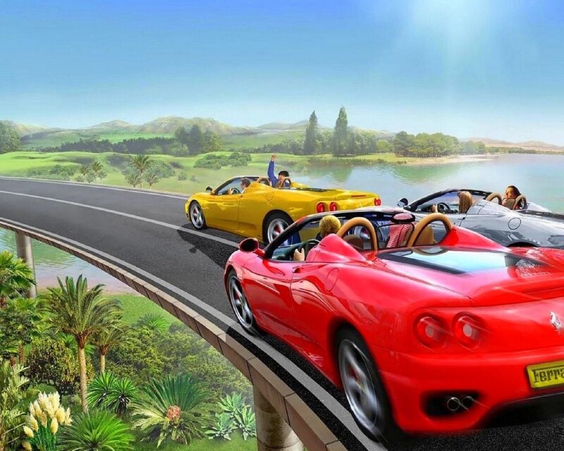 Convertible Cars on Bridge — Red