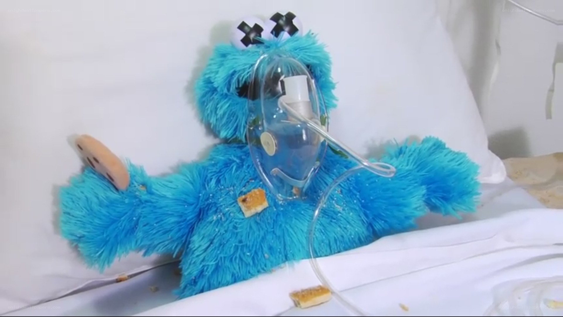 Cookie Monster in hospital bed