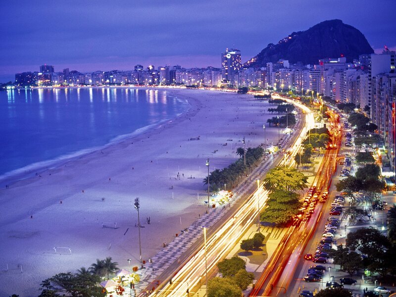 Copacabana Beach at Night — Blue, Calm, Photograph, City Skyline