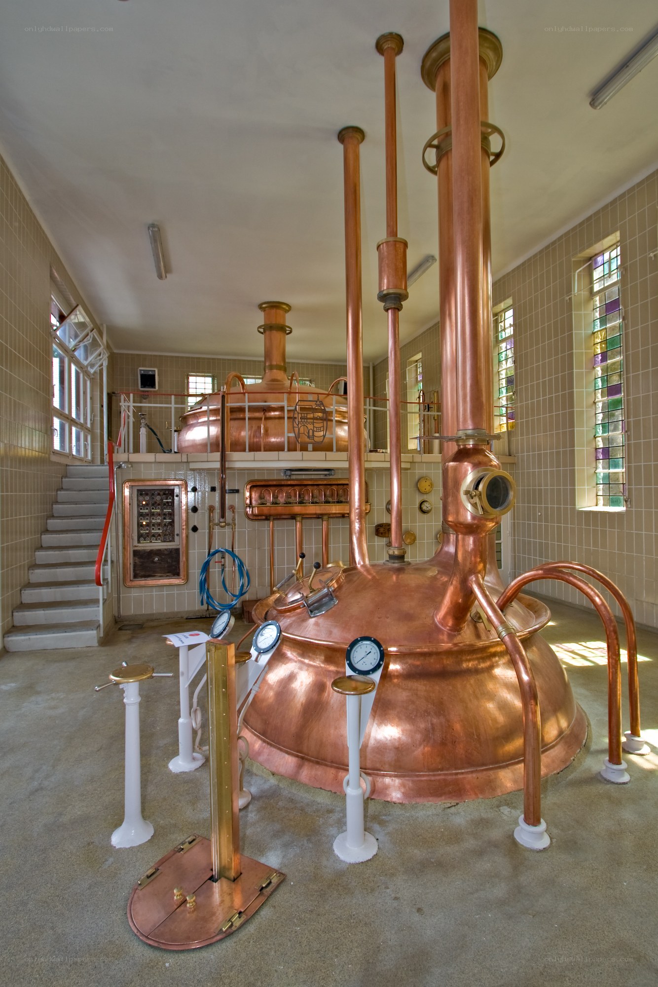 Copper brewing equipment in a brewery
