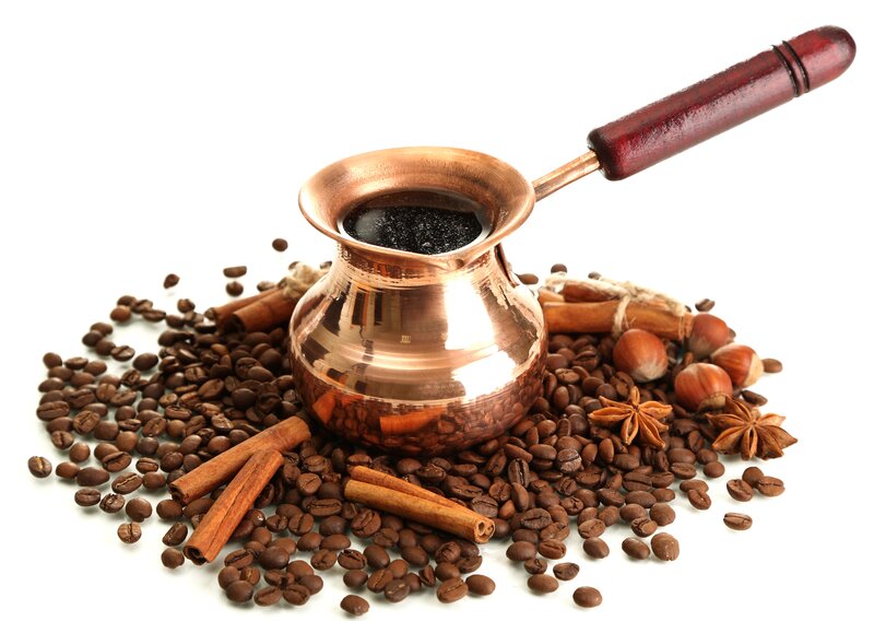 Copper Cezve with Coffee Beans — Brown