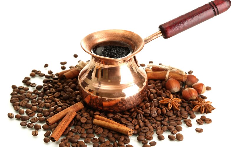 Copper Cezve with Coffee Beans