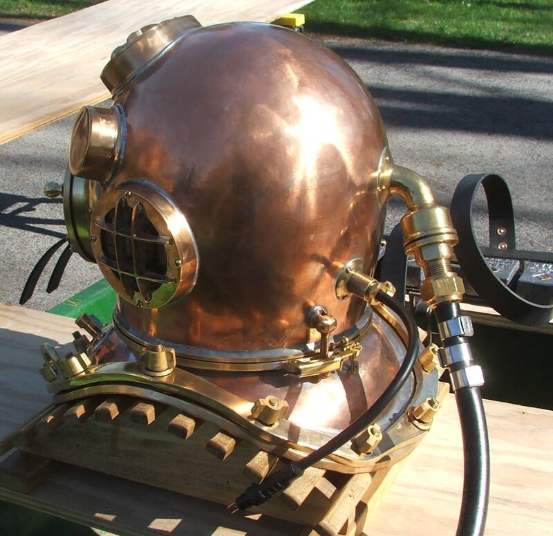 Copper diving helmet on display