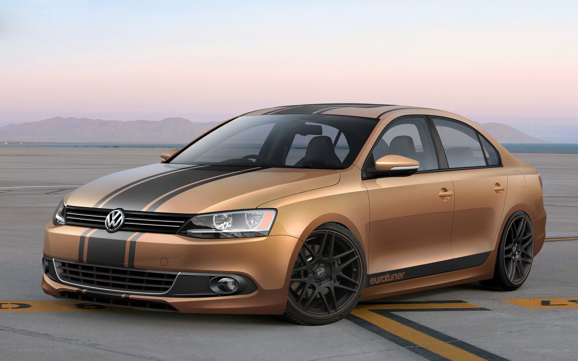 Copper sedan with racing stripes