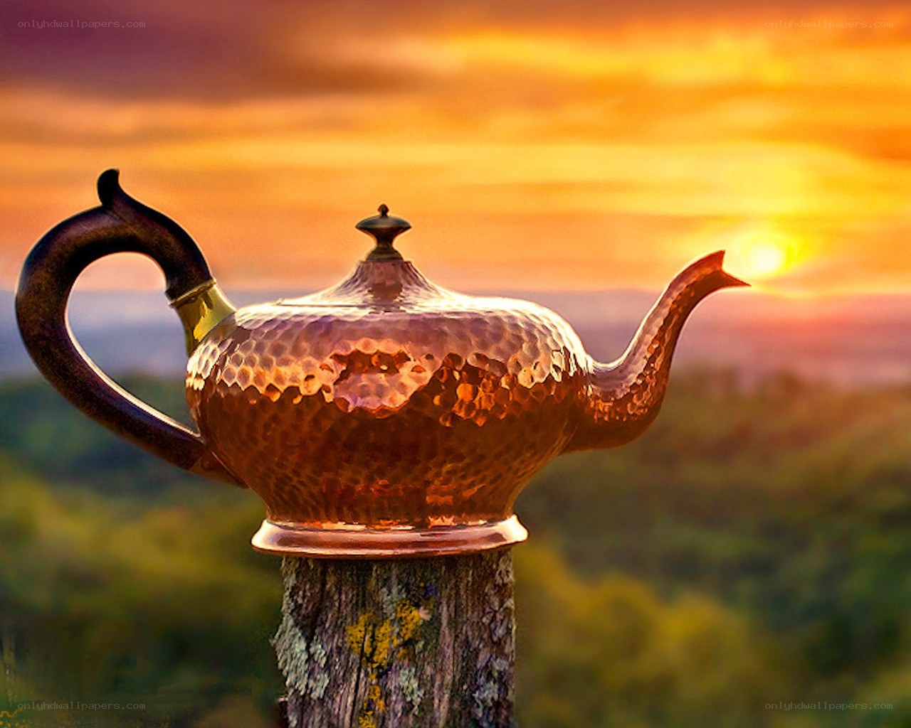 Copper teapot at sunset
