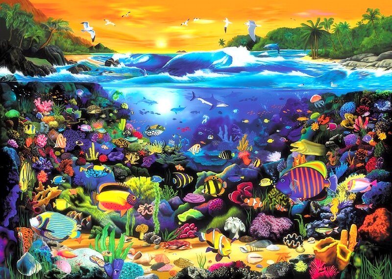 Coral Reef Ecosystem — Blue, Vibrant, Sunset, Digital Art