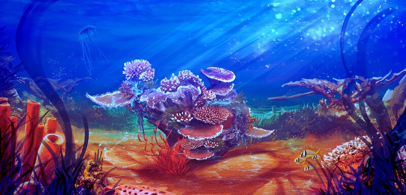 Coral Reef Underwater — Blue, Serene, Afternoon, Digital Art, Jellyfish