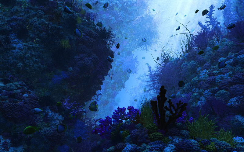 Coral Reef with Fish — Blue, Serene, Digital Art