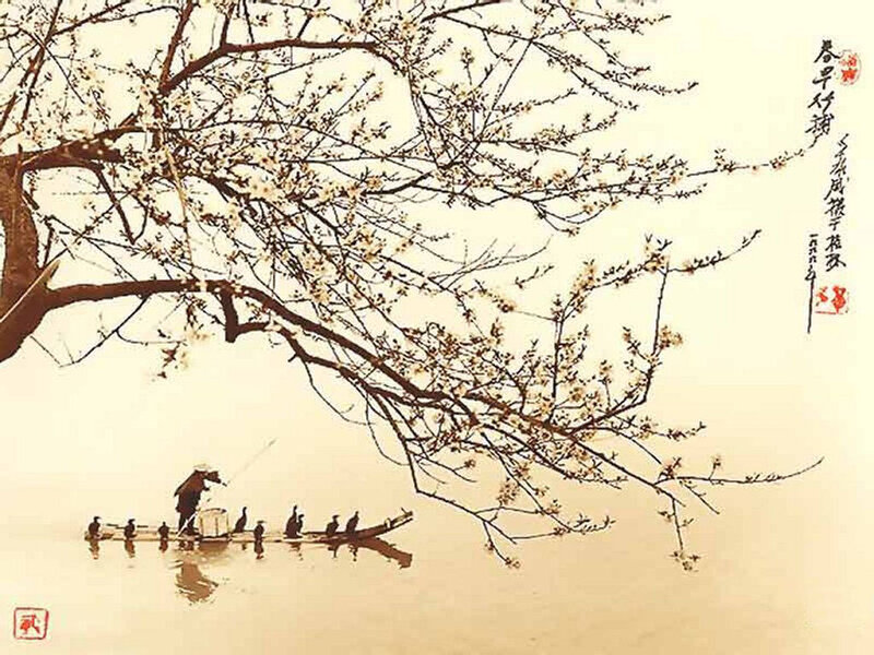 Cormorant fishing under blossoming tree