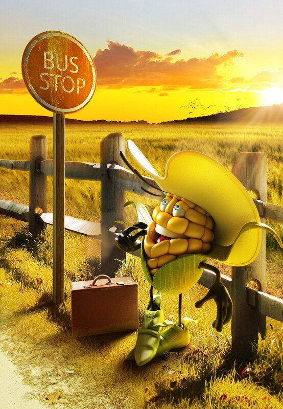 Corn character at bus stop