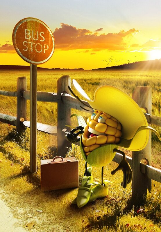 Corn Character at Bus Stop — Yellow