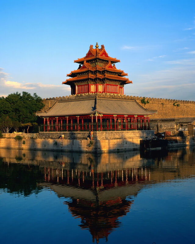 Corner Tower of Forbidden City — Blue, Serene, Sunset, Photograph, Water