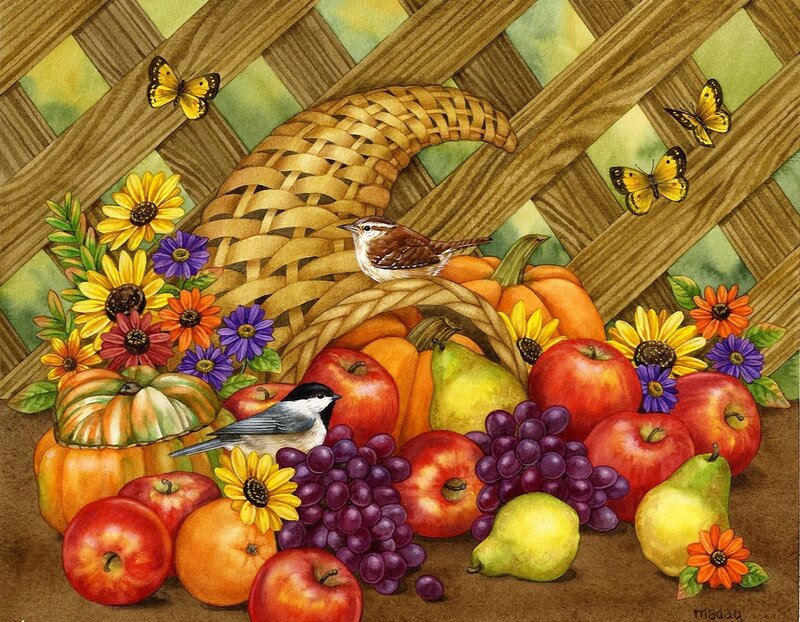 Cornucopia with Fruit and Birds — Orange