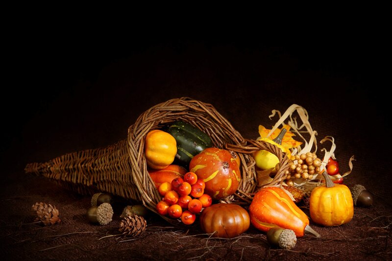 Cornucopia with Gourds — Brown, Dramatic