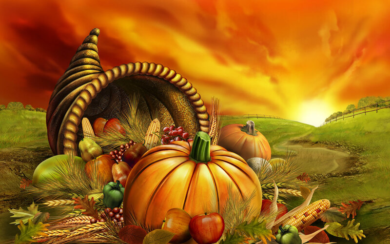 Cornucopia with Harvest Items — Orange, Dramatic, Sunset, Digital Art, Pumpkin