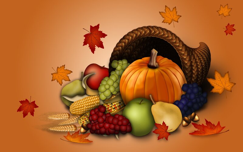 Cornucopia with Harvest Items — Orange, Festive, Autumn, Illustration
